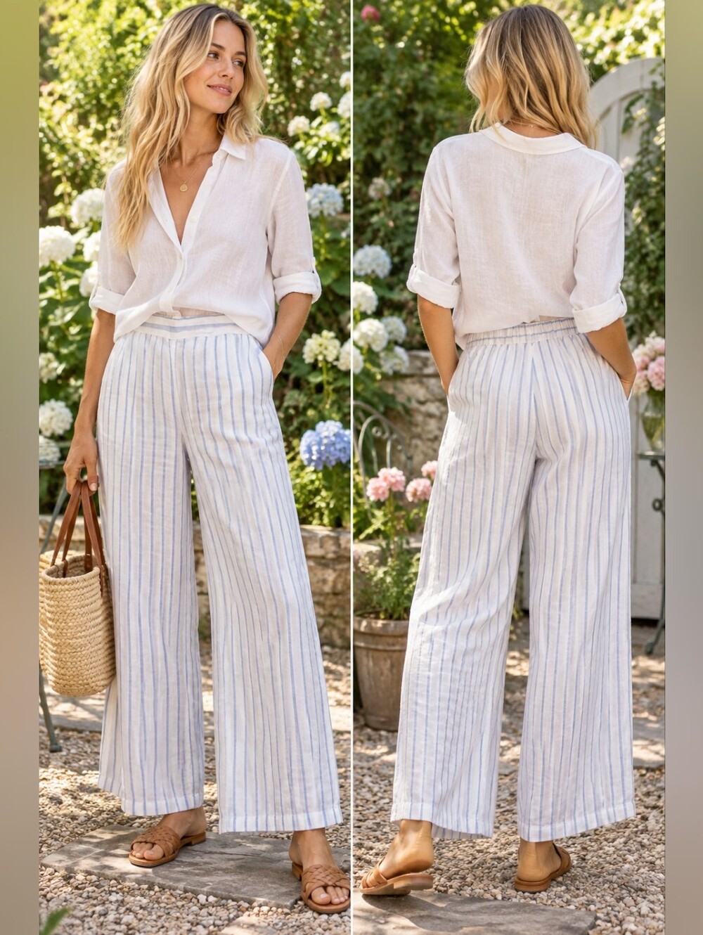 MARTHA STEWART COLLECTION 100% LINEN STRIPED WIDE LEG PANTS SZ S